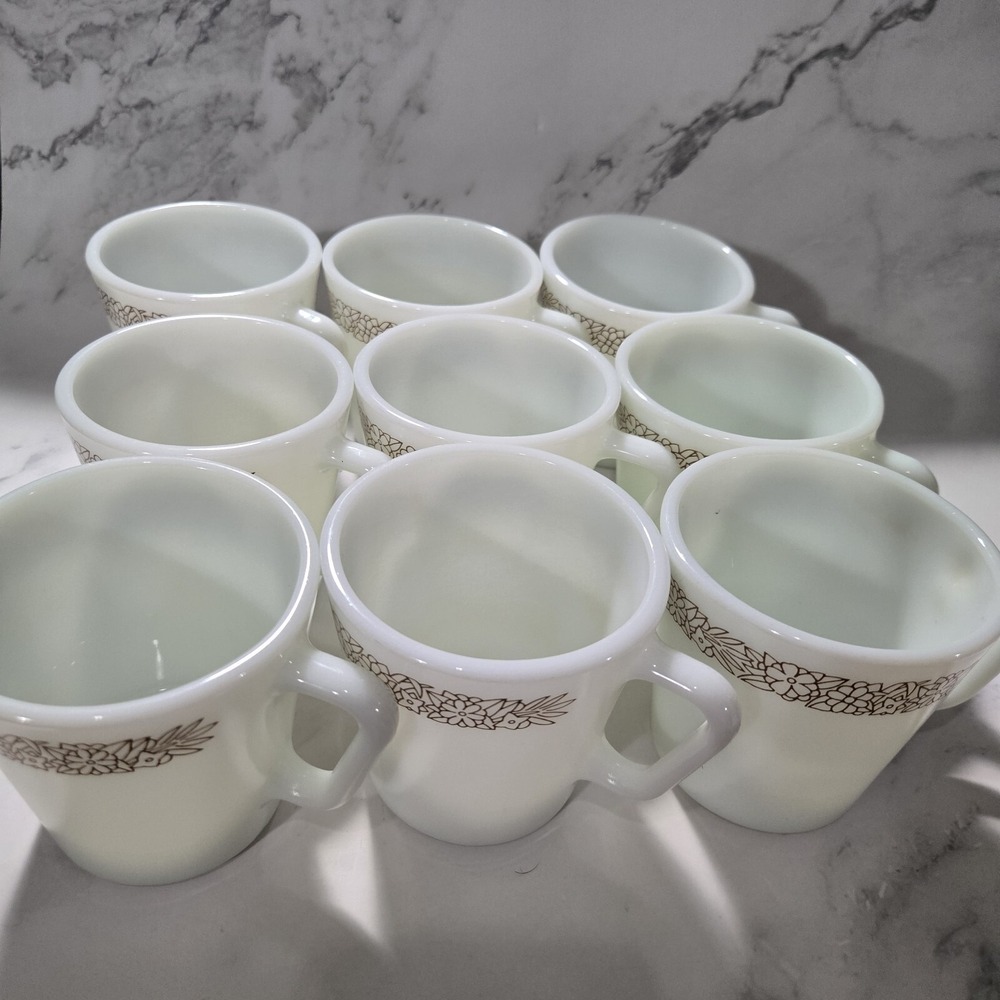 Vintage Pyrex 1410 Woodland Milk Glass Coffee‎ Tea Mugs 10 oz Floral Brown USA